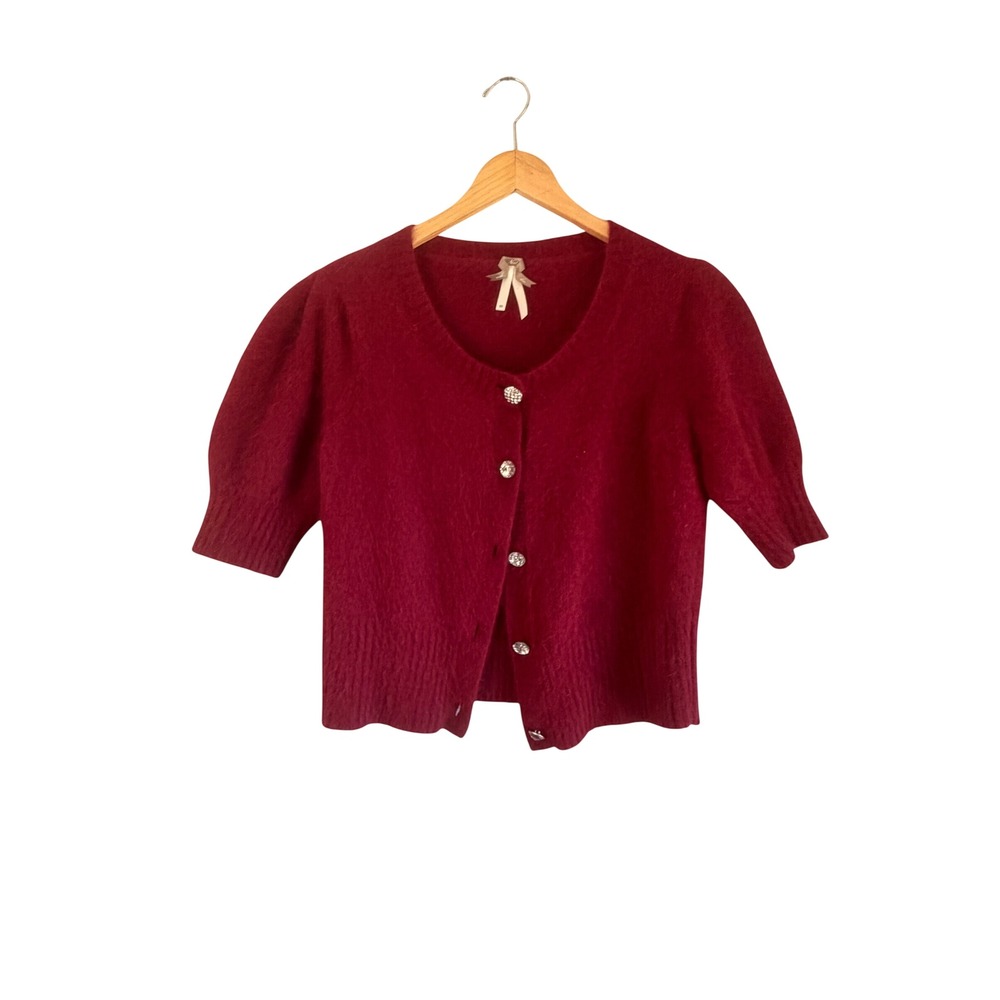 Next Burgundy Angora Blend Short Sleeve Cardigan Rhinestone Button Sweater Sz 20